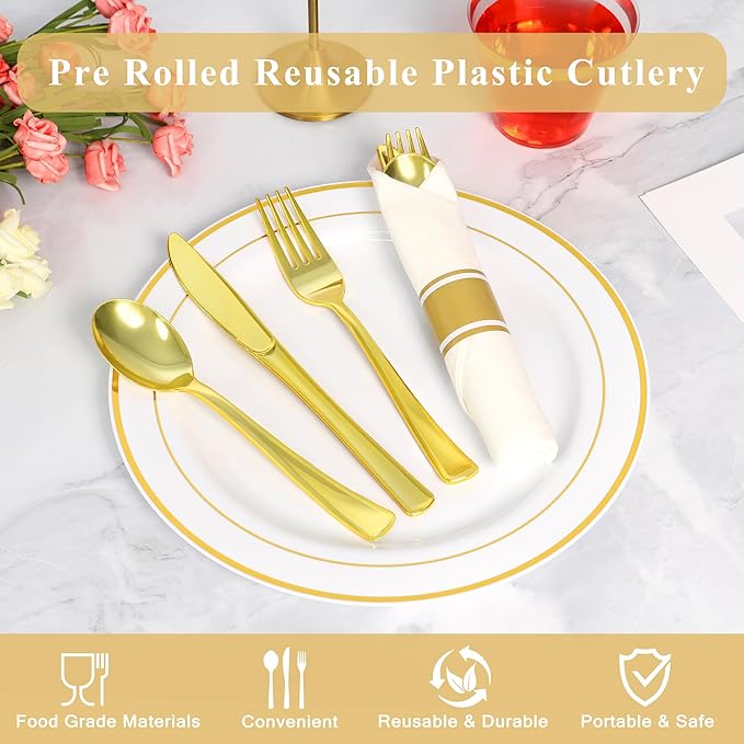 100 Pack Pre Rolled Gold Plastic Silverware Set,Wrapped Plastic Cutlery Set with Napkin Include 100 Forks,100 Spoons,100 Knives and 100 White Napkins for Party, Wedding,showers, Christmas