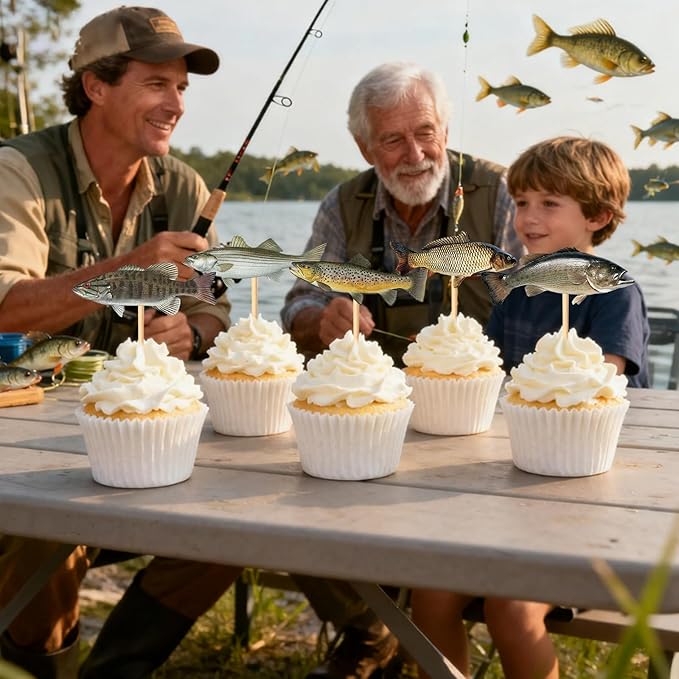 30 pcs Double-Sided Fish Cupcake Toppers Go Fishing Theme Decorations Baby Shower Happy Birthday Party Tropical Party Cake freshwater fish Decoration Supplies
