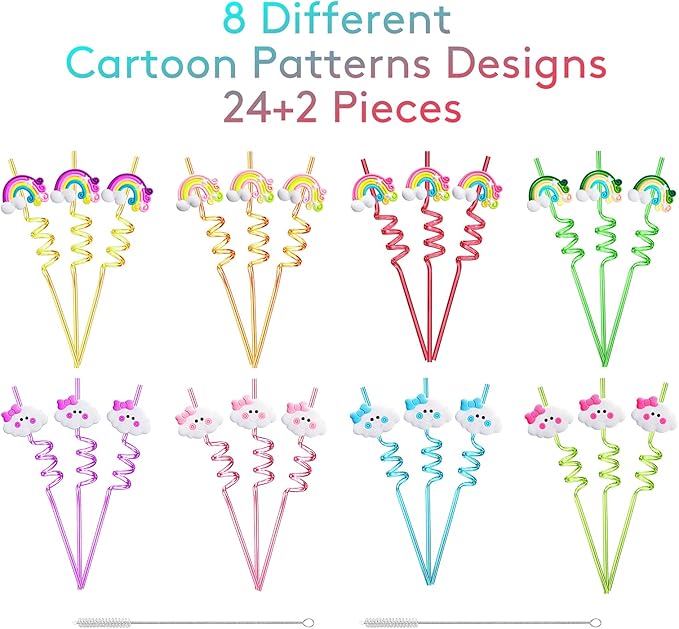 Rainbow Birthday Party Supplies Drinking Plastic Straws 24 for Kids Girls Boys Rainbow Cloud Party Favors Decorations with 2 Cleaning Brushes - Set of 26 (8 Styles)
