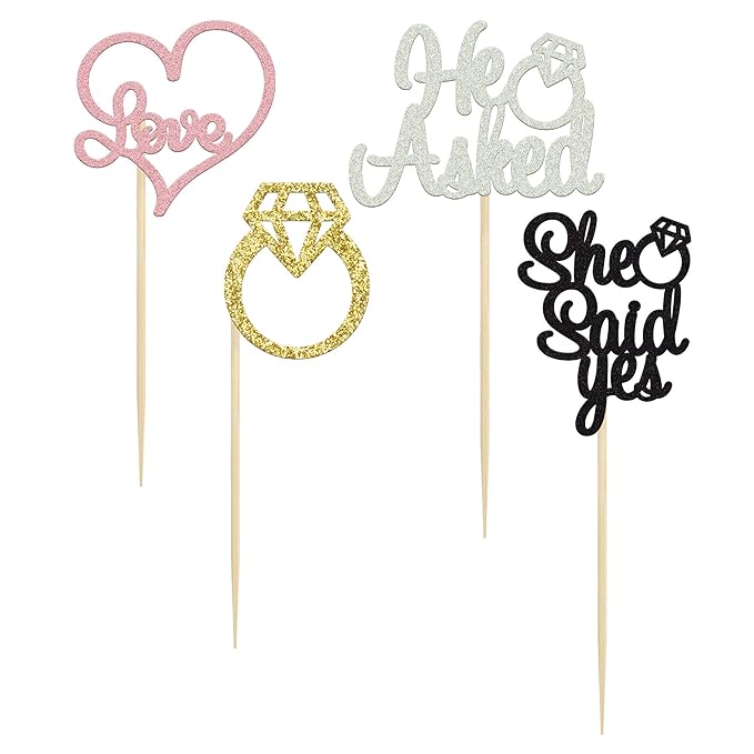Gyufise 24 Pack Multicolor Glitter He Asked She Said Yes Cupcake Toppers Diamond Ring Heart Cake Picks for Wedding Engagement Party Table Decorations