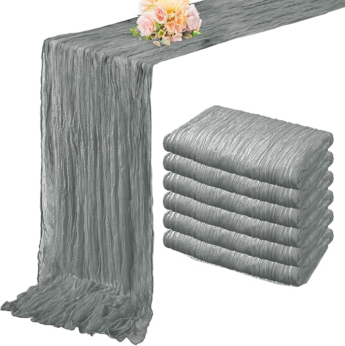 6 Pack Gray 10FT Cheesecloth Table Runner Rustic Gauze Fabric Cheese Cloth Table Runner for Wedding Bridal Baby Shower Table Decor 20 x 120 Inch Long Boho Sheer Birthday Party Table Decorations