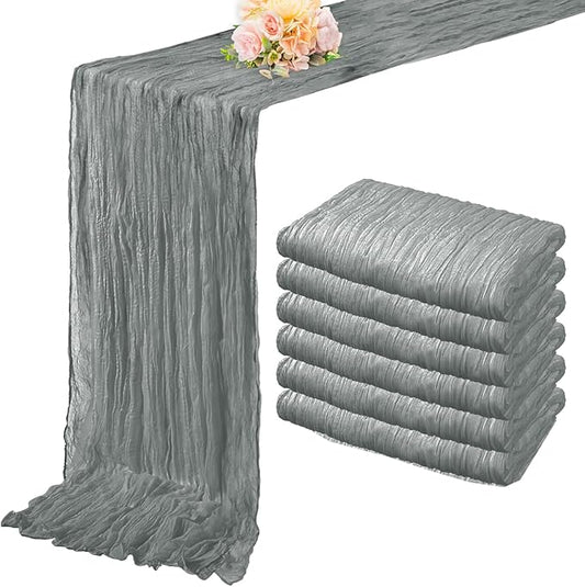 6 Pack Gray 10FT Cheesecloth Table Runner Rustic Gauze Fabric Cheese Cloth Table Runner for Wedding Bridal Baby Shower Table Decor 20 x 120 Inch Long Boho Sheer Birthday Party Table Decorations