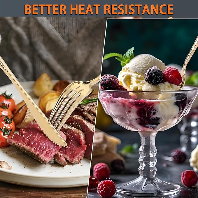 SUT 150 PCS Gold Plastic Silverware, Gold Disponsable Utensils, Plastic Silverware Heavy Duty, Includes 50 Knives, Forks and Spoons, Hammered Disponsable Cutlery for Wedding, Birthday, Party