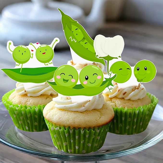 Two Peas in a Pod Twins Cupcake Toppers Twins Baby Shower Decorations 48Pcs Pea Party Cake Topper Decorations Sweet Pea Cupcake Picks for Two Peas in a Pod Twins Gender Reveal Birthday Party Supplies