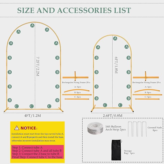 Wedding Arch Backdrop Stand 7.2FT, 6FT Set of 2, Gold Metal Balloon Arch kit Stand for Gender Reveal Ceremony Birthday Anniversary Bridal Graduation Party Event Decoration