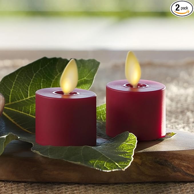 Luminara Moving Flame LED Flameless Tealight (1.4" x 2") Remote Ready Battery Operated Plastic LED Flameless Tea Light - Smooth Matte - Pearl Ivory (2-Pack Burgundy)