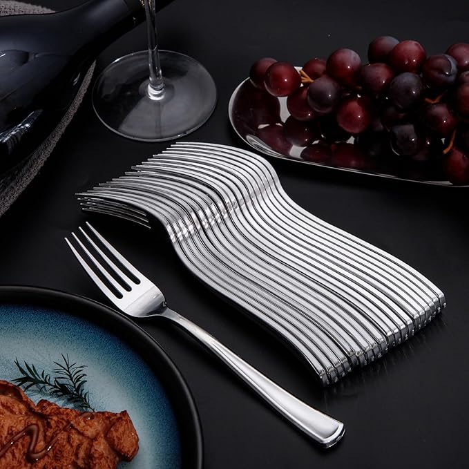 Nervure 300 Pack Silver Plastic Silverware - Disposable Silver Plastic Cutlery Set - Heavy Duty Silverware Include 150 Forks, 75 Knives, 75 Spoons Perfect for Parties, Dinners & Weddings