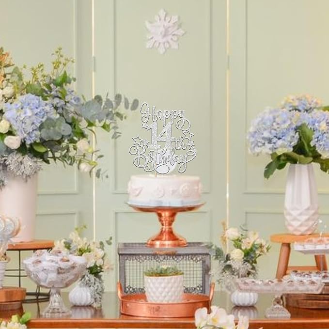 1 PCS Happy 14st Birthday Cake Topper Glitter Cheers to 14 Years Birthday Cake Pick Hello 14 Fabulous Cake Decoration for Happy 14st Birthday Anniversary Party Decorations Supplies silver