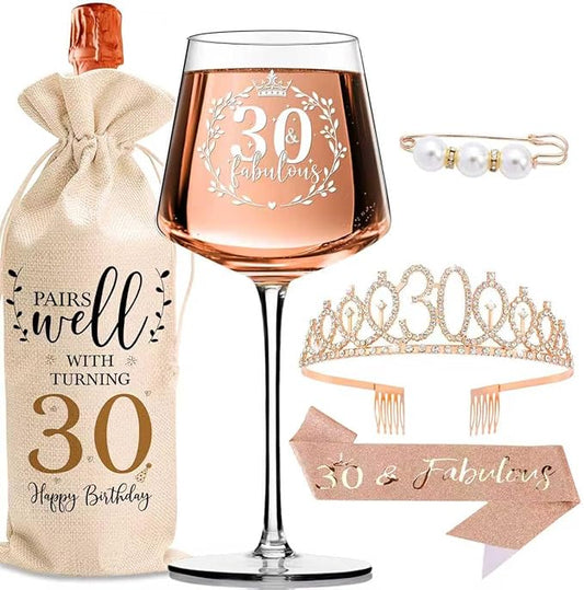30th Birthday Gifts for Women Her - Elegant Decorations with Vintage Wine Glasses, Wine Bag, Birthday Sash, Crown,Rhinestone Birthday Tiara, Perfect for Women,Mom,Wife,Coworker,Best Friend,Sister