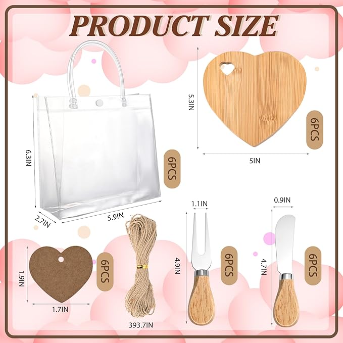 6 Set Heart Shaped Charcuterie Board Wood Mini Charcuterie Board With Cheese Knives Fork Set Bridal Shower Favors for Guest Bridal Baby Shower Prize Wedding Birthday Valentines Day (Wood color 01)