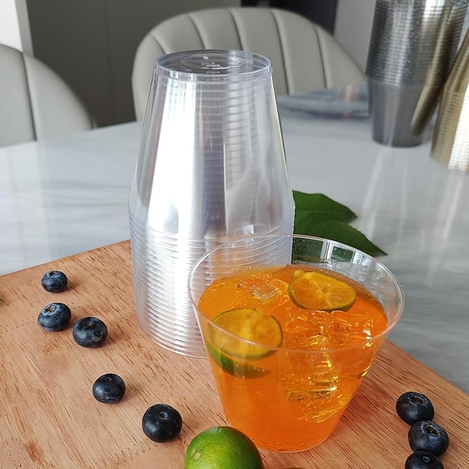 9 oz Clear Plastic Cups, 50 Pack Disposable Plastic Drinking Glasses, Fancy and Reusable, Hard Tumblers Party Cups for Weddings, Thanksgiving, Christmas,Bithday,Halloween etc.