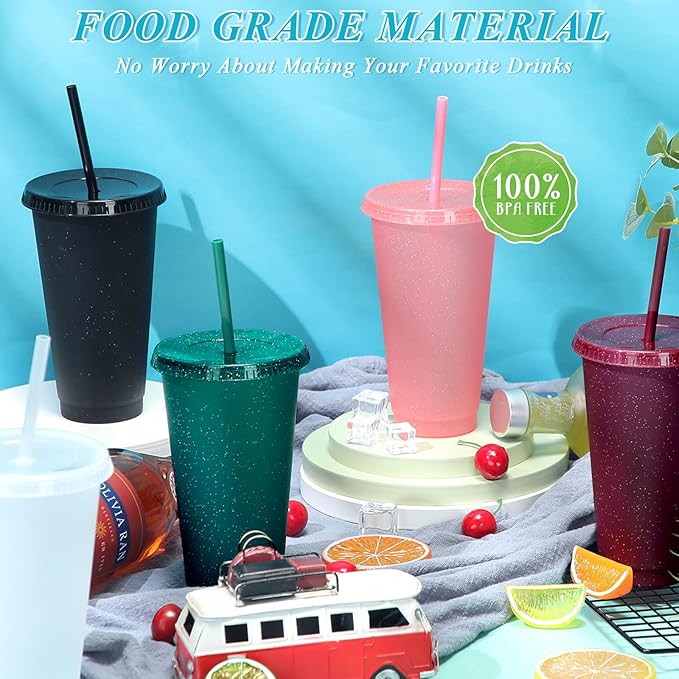 Honeydak 15 Pack Tumbler with Straw and Lid Bulk Glitter Plastic Cups Water Bottle Iced Coffee Travel Mug Reusable Party Favor Cups for Birthdays travel 24-27 oz (Bright Colors)