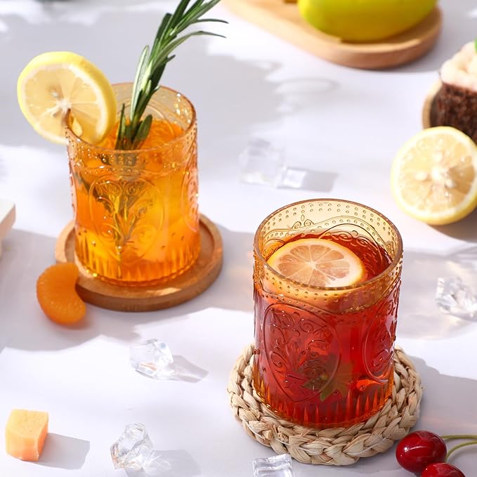 12 Plastic Vintage Drinking Glasses 8.5oz Stemless Retro Embossed Wine Glasses Shatterproof Reusable Cups for Baby Shower Wedding Reception Grand Event Party (Yellow)