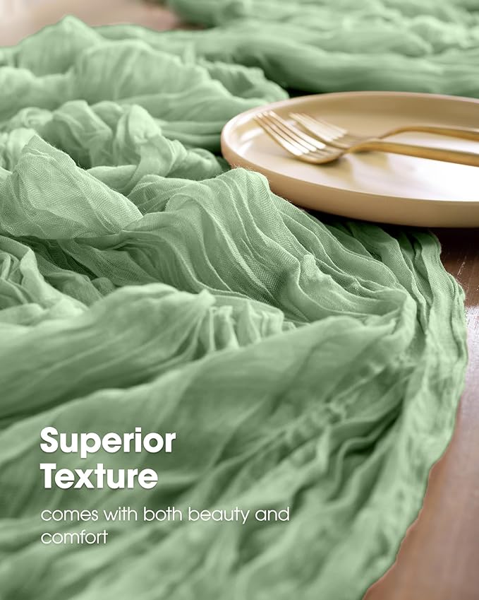 Pureegg 6-Pack Cheese Cloths Table Runner, 120'' Boho Table Cloth Decorations for Party, Baby Shower, Wedding and Farmhouse, Fabric Room Decor, Sage Green