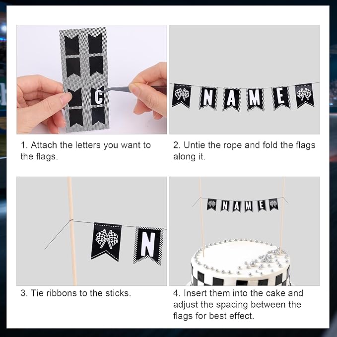 DIY Race Car Cake Topper Kit, Custom Name Checkered Flag Racing Birthday Cake Decoration for Boys & Girls Personalized Party Decorations