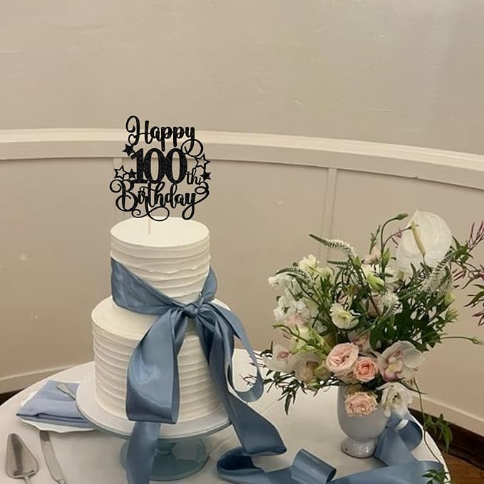1 PCS Happy 100th Birthday Cake Topper - Glitter Cheers to 100 Years Cake Pick - Hello 100 Fabulous Cake Decoration for Anniversary Party Supplies - Black