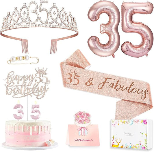 35th Birthday Decorations Gifts for Women, Including 35 year old Birthday Cake Topper, Queen Sash with Pearl Pin, Sweet Rhinestone Tiara Crown, Number Candles and Balloons Set, Rose Gold