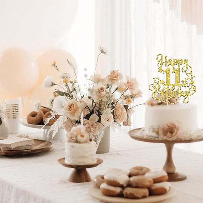 1 PCS Happy 11th Birthday Cake Topper Glitter Cheers to 11 Years Birthday Cake Pick Hello 11 Fabulous Cake Decoration for Happy 11th Birthday Anniversary Party Decorations Supplies Gold