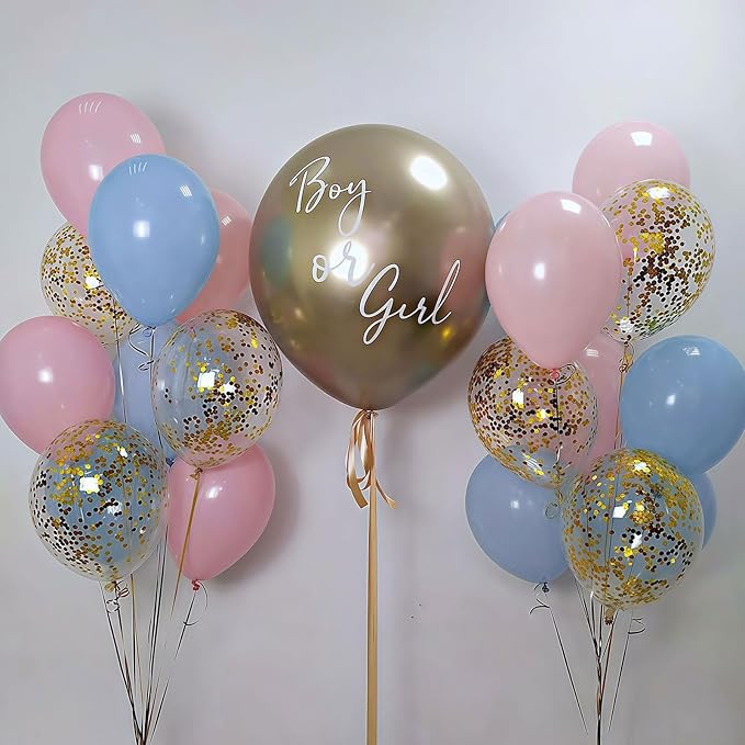 Balloons Pink and Blue, 60 Pack 12 Inch Pastel Light Pink Blue with Metallic Gold Confetti Balloons for Birthday, Gender Reveal, Baby Shower, Boy or Girl Party Decoration