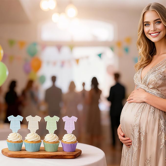 ALISSAR 36 Pcs Blue Pink & Sage Green Gingham Cupcake Toppers - Baby Shower Decorations for Boys Girls & Gender Neutral, Bodysuit & Cake Toppers Set, Diaper Cake Decor, Gender Reveal Party Supplies