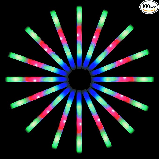 100 LED Foam Sticks Lights - Party Batons Wand for Weddings, Birthdays, DJ, Concerts, Festivals, Events - 3 Color Lighting Modes