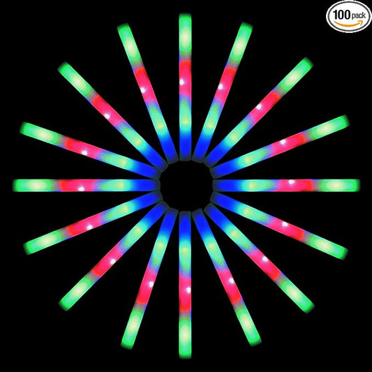 100 LED Foam Sticks Lights - Party Batons Wand for Weddings, Birthdays, DJ, Concerts, Festivals, Events - 3 Color Lighting Modes