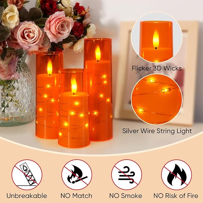 Raycare Flameless Candle with Remote Timer – 5 Flickering Acrylic Battery Operated LED Pillar Candles with Embedded Star String for Halloween, Home Decor, and as a Gift(Orange)