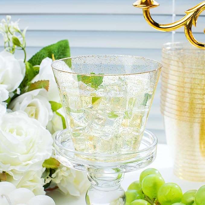 I00000 60 pcs Gold Plastic Cups - 9 OZ Hard Gold Glitter Plastic Cups For Cocktail and Drinking - Premium Disposable Cup with Gold Glitter For Fancy Wedding Party Cup