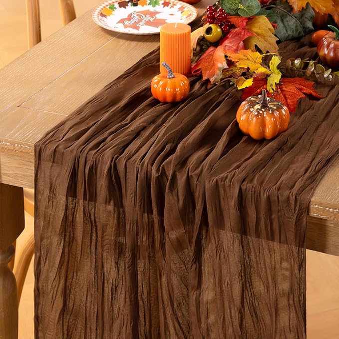 MLMC Brown Cheesecloth Table Runner 10ft Boho Rustic Gauze Coffee Cheese Cloth Table Runner Neutral Centerpiece Decor 35x120 Inches for Wedding Farmhouse Reception Home Decor