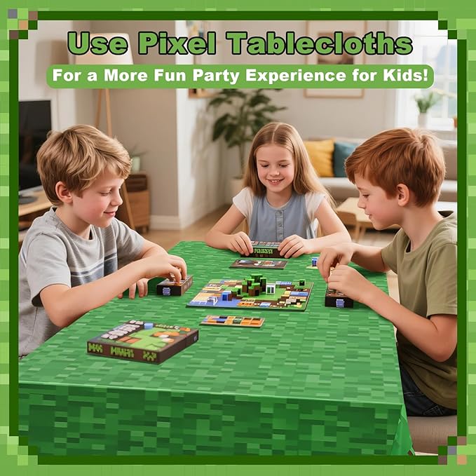 Bigear 3PCS Pixel Tablecovers with 54PCS Temporary Tattoos,Waterproof Oil-Proof Plastic Table Cloth,Video Game Party Birthday Party Decorations,Gamer Birthday Tablecloth Party Supplies