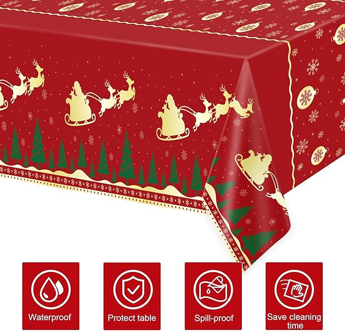Christmas Tablecloth,2 Pack Disposable Plastic Tablecloths for Rectangle Tables 54"x108",Christmas Decorations,Red Reindeer Table Cloths for Home,Dinner,Xmas Table Cover for Outdoor,Picnic,Birthday