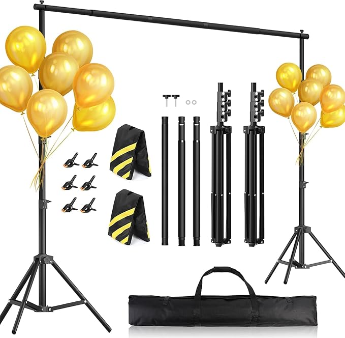 Heavy-Duty Backdrop Stand 10x8.5 ft, Upgrade Telescopic Adjustable Photography Backdrop Stand for Parties, Stage Decoration Stand with Clamps, Sandbags, Carring Bag