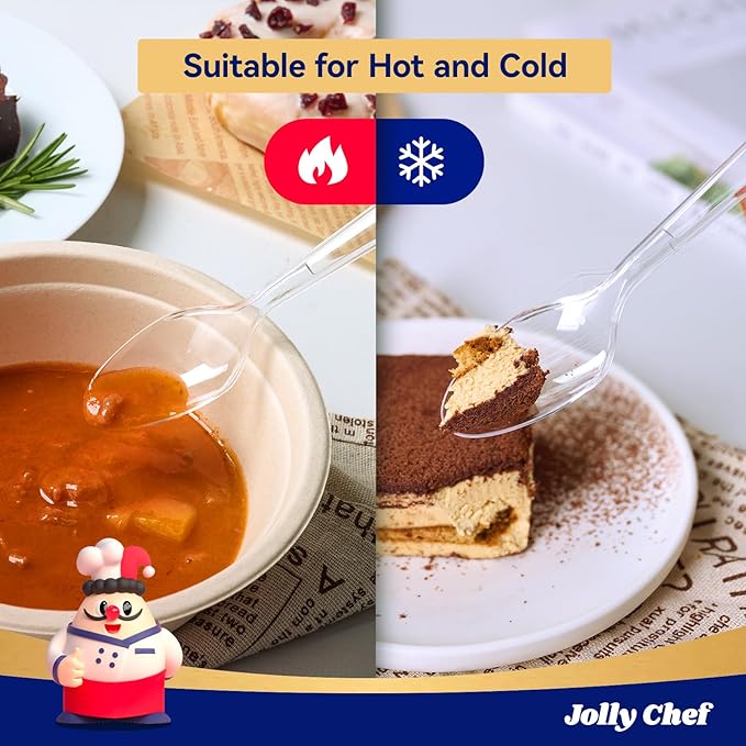 JOLLY CHEF 300 Count Clear Plastic Teaspoons Heavy Duty, 6.54" Heat Resistant Solid and Durable Plastic Teaspoons Disposable, Disposable Bulk Cutlery Suitable for Parties Supply Events Everyday Use