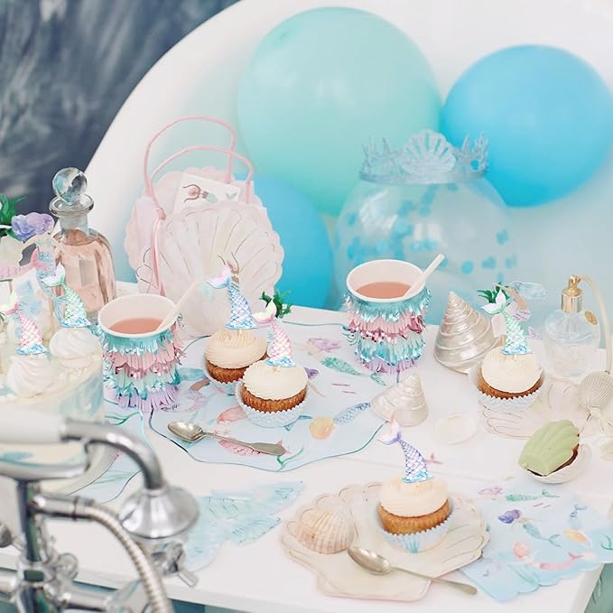 24 Pieces Mermaid Tail Cupcake Toppers Under the Sea Cake Decorations Picks for Mermaid theme Birthday Party Decoration Baby Shower Supplies (Mermaid Tail)