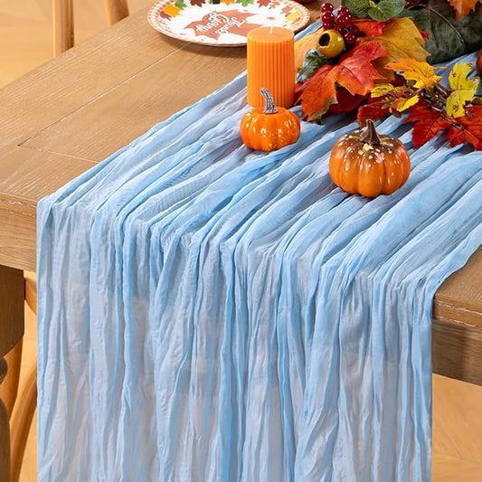 MLMC Light Blue Table Runner Baby Blue Cheesecloth Table Runner 10ft Baby Shower Decorations Rustic Gauze Cheese Cloth Centerpiece 35x120 Inches for Gender Reveal Birthday Party Wedding Decor