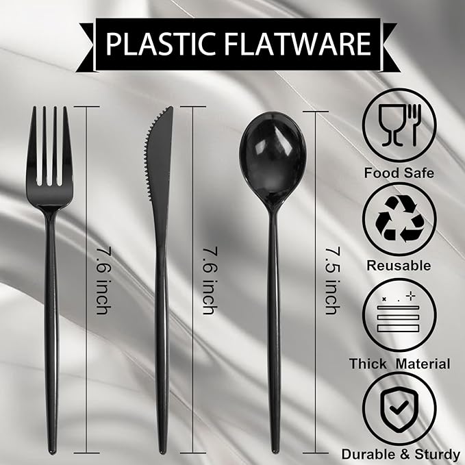 Supernal 360pcs Black Plastic Silverware Heavy Duty Black Plastic Utensils Disposable Cutlery Set Includes Disposable Knives,Forks and Spoons Silverware Set for Parties,Weddings & Birthday