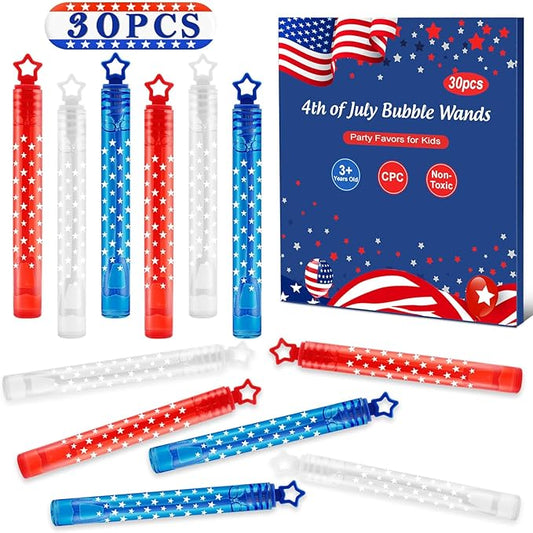 4th of July Party Favors Mini Bubble Wands 30PCS Fourth of July Toys for Kids Red White and Blue Bubbles Independence Day Decorations Patriotic Accessories Classroom Prizes Outdoor Gifts Girls Boys