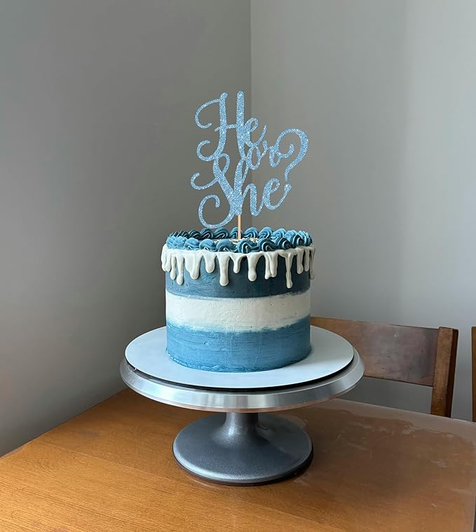 He or She Cake Topper - Glitter Gold Gender Reveal Cake Topper Decorations, Suitable for Baby Shower Favors, Baby Gender Reveal, Baby Birthday Party or Baby Photo Booth Props (Sky Blue)