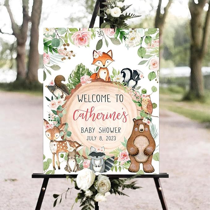 Woodland Baby Shower Welcome Sign, Woodland Animals, Plastic, 12 x 18 inches