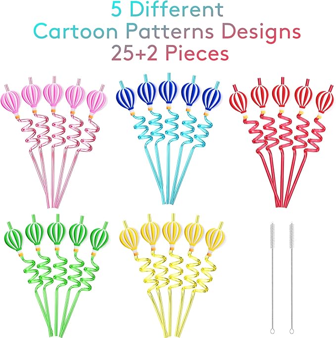 25 Hot Air Balloon Drinking Straws with 2 PCS Straws Cleaning Brush for Birthday Party Supplies Favors Girl Baby Shower Decorations