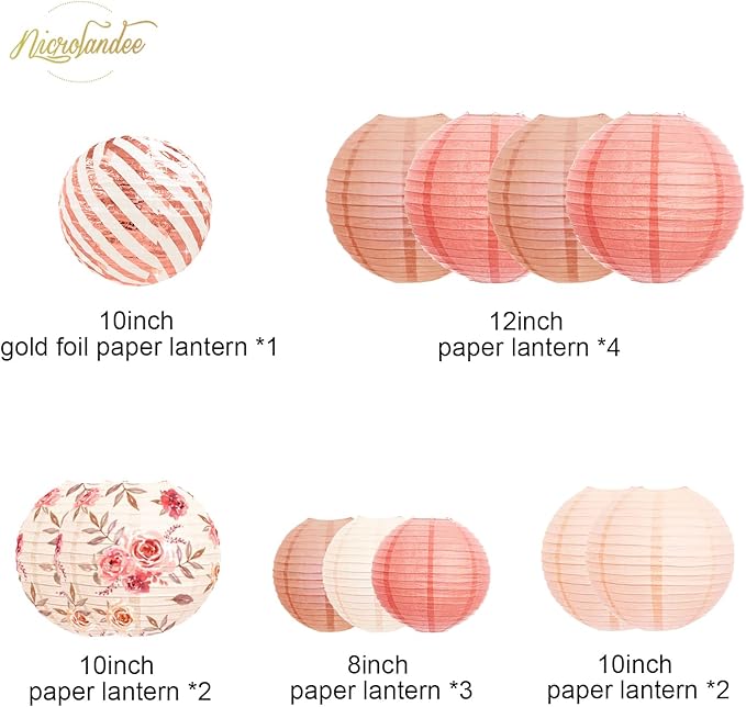 NICROLANDEE Wedding Party Decorations - 12PCS Rose Gold Vintage Floral Paper Lantern Hanging Decorations for Bridal Shower Anniversary Baby Shower Bachelorette Birthday, Valentines Day Party Decor