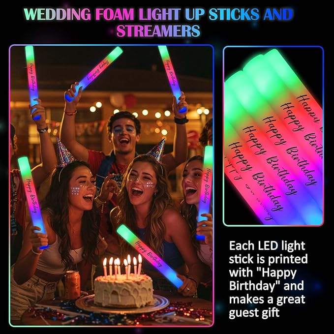 50 Pack Colorful LED Party Foam Light Sticks Batons with Triple Ribbon Birthday Glow Sticks with 3 Color Lighting Modes for Birthday Party, Guests Send Off, Christmas, Festivals