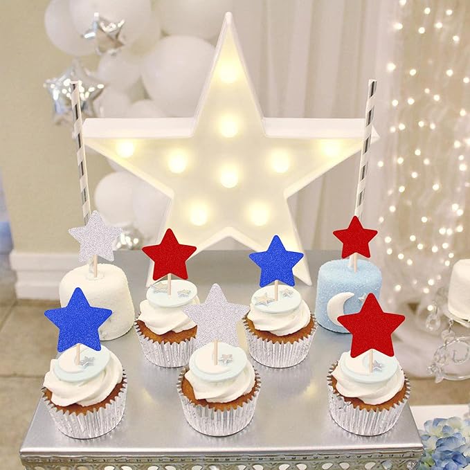 30 PCS Independence Day Cupcake Toppers Glitter Blue Red Silver Twinkle Little Star Cupcake Picks Wedding Bridal Shower Baby Shower Birthday American National Party Cake Decorations Supplies