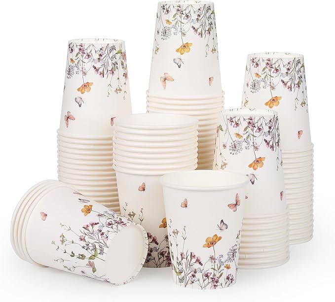 100Pcs Fall Wildflower Paper Cups Watercolor Floral Party Cups 9oz Rustic Botanical Butterflies Disposable Coffee Cups for Spring Summer Birthday Bridal Baby Shower Tea Party Supplies