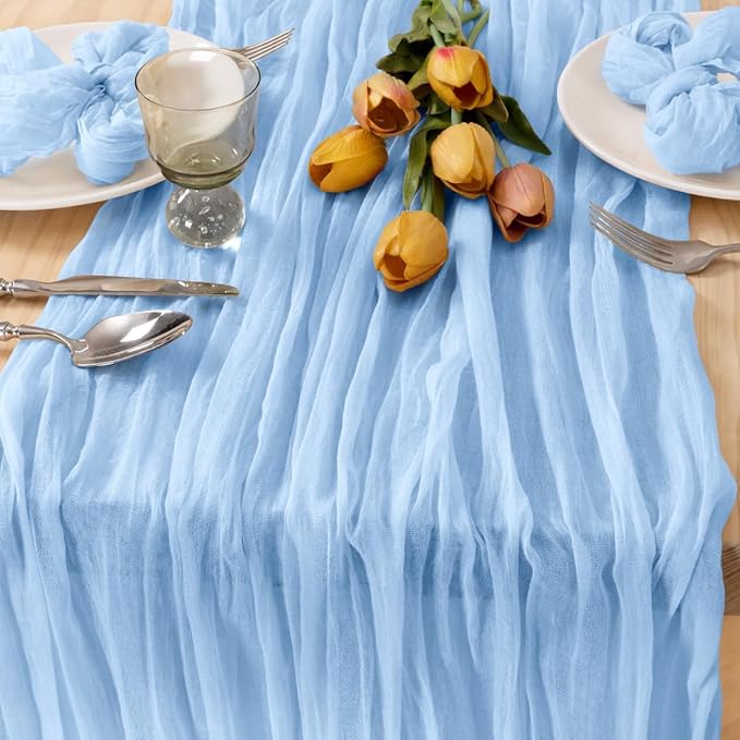 MLMC 8 Pack Baby Blue Table Runner Light Blue Cheesecloth Table Runner 10ft Rustic Gauze Blue Cheese Cloth Baby Shower Decor 35x120 Inches for Gender Reveal Birthday Wedding Party Decor