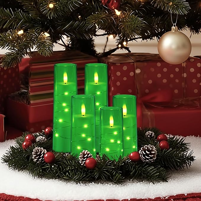 Raycare Flameless Candle with Remote Timer – 5 Flickering Acrylic Battery Operated LED Pillar Candles with Embedded Star String for Christmas, Home Decor, and as a Gift(Green)