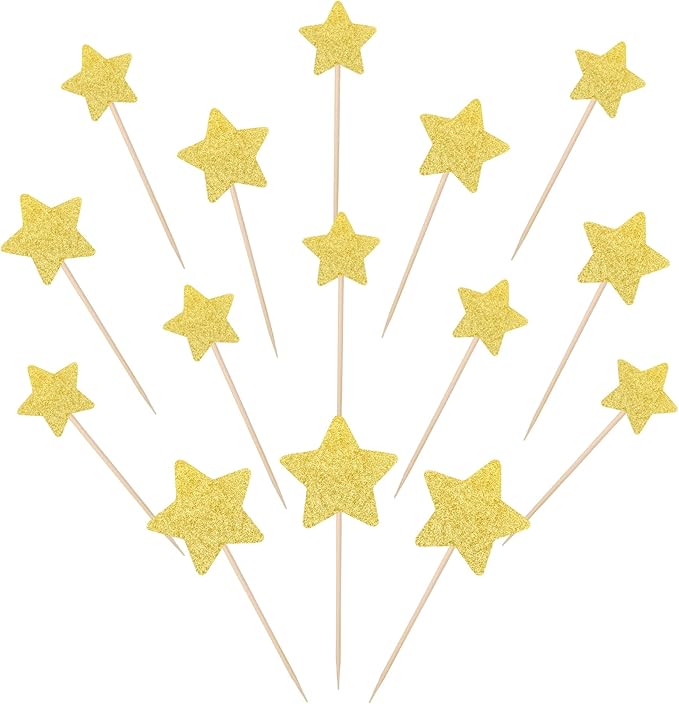 30 PCS Star Cupcake Toppers Glitter Assembled Twinkle Star Cupcake Picks Wedding Engagement Bridal Shower Birthday Party Cake Decorations Supplies Mixed Size Gold