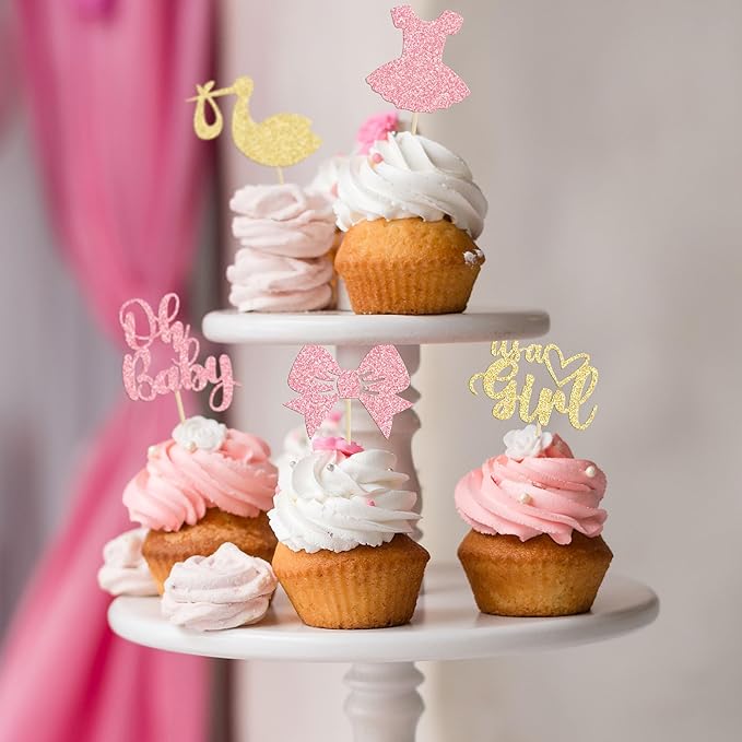 Gyufise 36 Pack Oh Baby Cupcake Toppers It's a Girl Cupcake Toppers with Bow Dress Love Heart Glitter Cake Picks Decorations for Baby Shower Girl Birthday Party Supplies