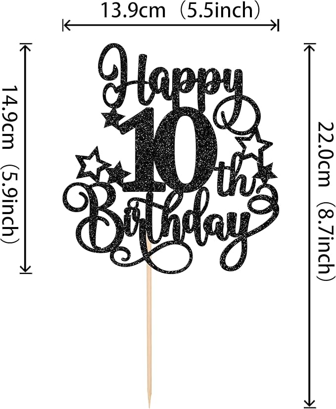 1 PCS Happy 10th Birthday Cake Topper Glitter Cheers to 10 Years Birthday Cake Pick Hello 10 Fabulous Cake Decoration for Happy 10th Birthday Anniversary Party Decorations Supplies Black
