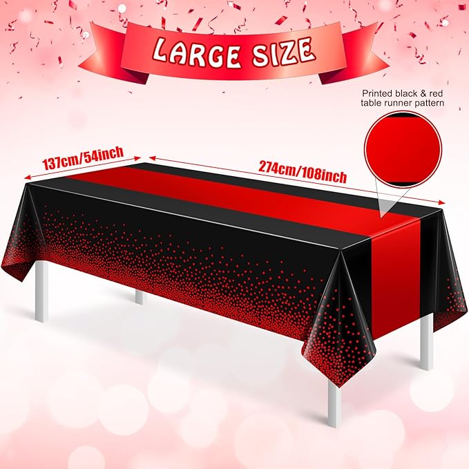 MASHAN 1Pcs Black and Red Tablecloth Party Decorations,Plastic Black Table Cloth Printed Red Table Runner Disposable Rectangle Cover for Birthday Weeding Anniversary Graduation Party,54 x108 Inch